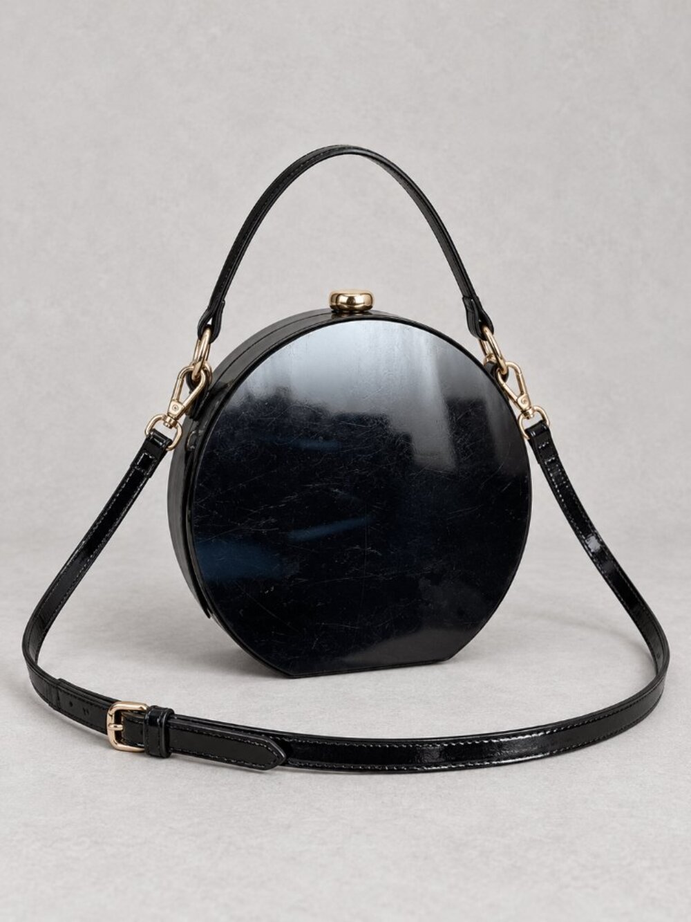 Zara Black Glossy Patent Round Circle Top Handle Crossbody Bag OS